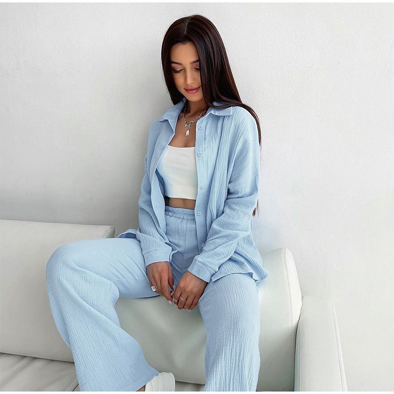 Kadın Giyim Pamuklu Çift Katmanlı İplik Kadın Düğmeli Uzun Kollu Gömlek Ve Pantolon İki Parça Takım_voghion.com