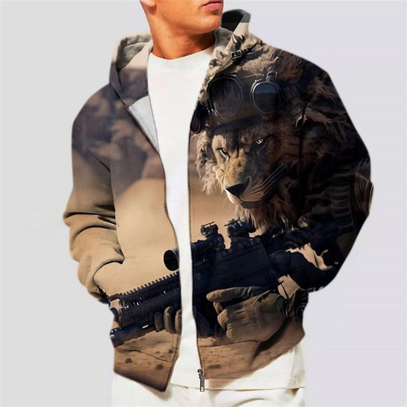 Kapuzenjacke für Herren mit durchgehendem Reißverschluss und Tier-Löwen-Muster für Outdoor-Sport, täglichen 3D-Druck, Freizeit auf der Straße_voghion.com