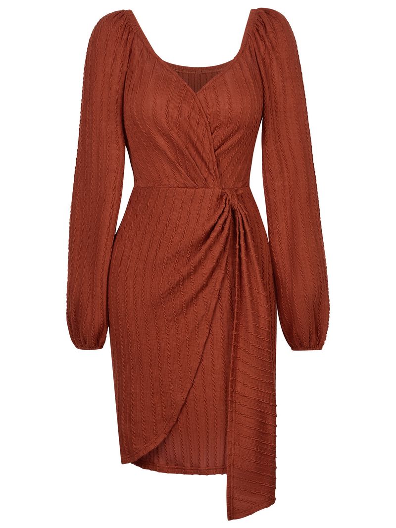 Abito da donna aderente in vita tinta unita con scollo a V e vestibilità slim_voghion.com