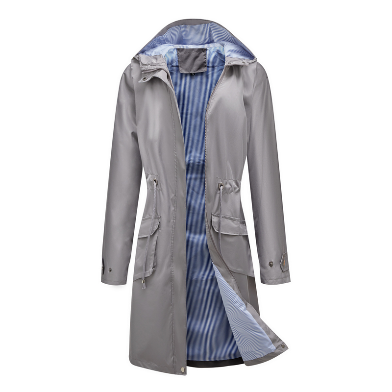 Trench casual da donna K Long con cappuccio, impermeabile, tinta unita con fodera a righe, cappotto dritto._voghion.com