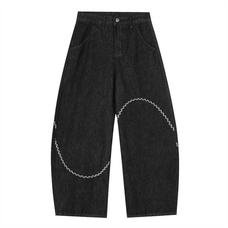Luźne jeansy Scimitar dla mężczyzn, nieregularne linie, haftowany wzór, wyczucie osobowości, swobodne, szerokie nogawki, modne_voghion.com