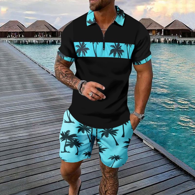2-piece Men's Summer Holiday Style Outfit Set Short Sleeve Zip Golf Shirt & Waist Drawstring Shorts With Pockets Beach Resorts_voghion.com