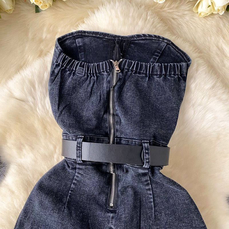 Kadın Giyim güzel küçük kıyafetler kadın kot pantolon moda sıcak elmas yüksek bel ince kolsuz tüp üst tulum_voghion.com