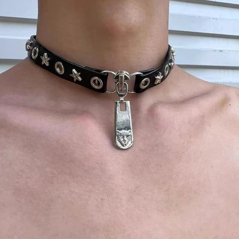 Leopad Head Zippe Necklace, Haajuku Gothic Subcultue, Niche Design, Vesatile Neck Stap, Punk Hip-hop Leathe_voghion.com
