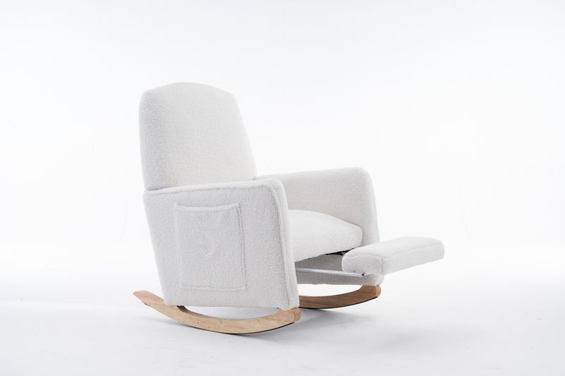 Fauteuil à bascule 044 avec pouf, fauteuil inclinable d'intérieur à dossier haut en tissu Teddy blanc pour salon_voghion.com