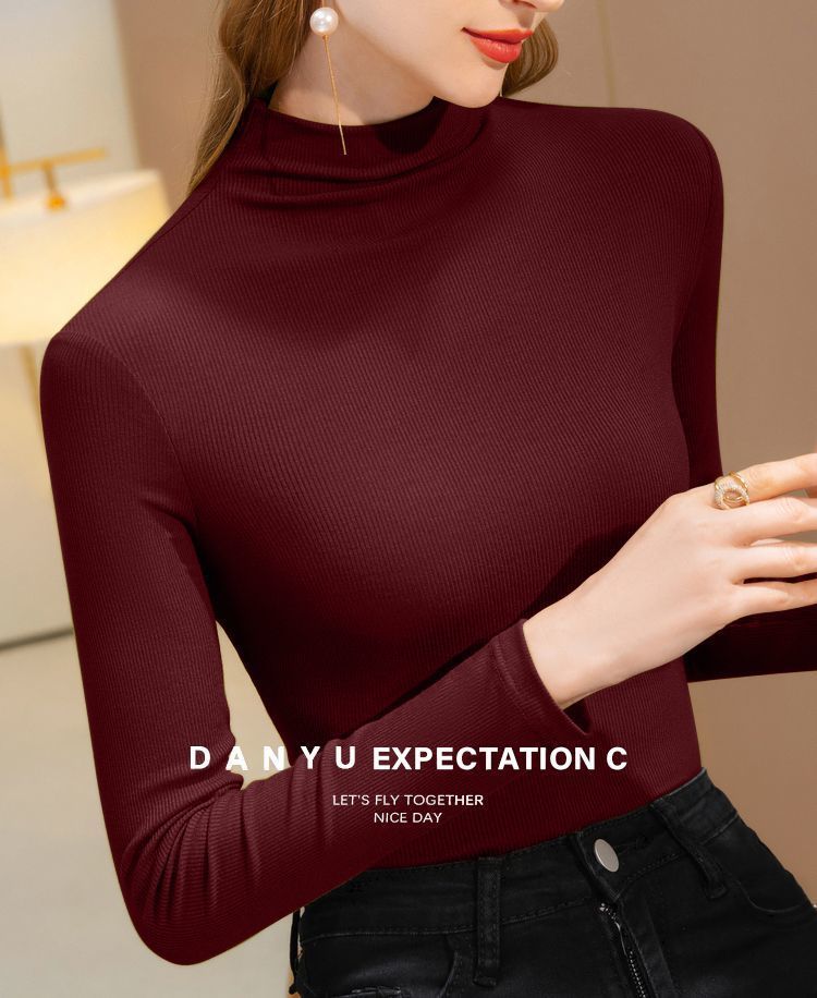 Women's Semi-Turtleneck Thermal Tee – Slim Fit Long Sleeve Base Layer, Dralon Blend Stretch Fabric (M-2XL, Beige/White/Wine/Brown/Black)_voghion.com