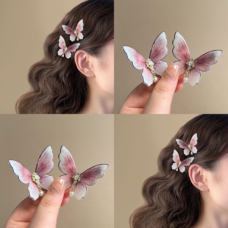 Fermaglio per capelli unisex con perle rosa, a forma di farfalla, a forma di becco d'anatra, dolce e alla moda, con frangia laterale, accessorio per capelli femminile a forma di cuore._voghion.com