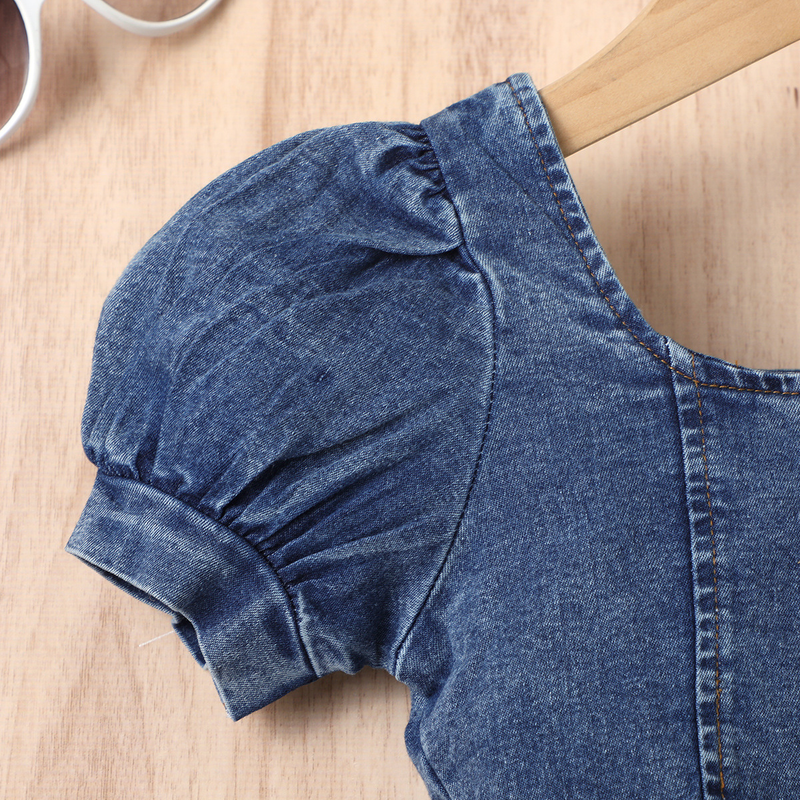 Baby Clothing Girls' dress Girls' square collar lantern sleeve top fractious pleated skirt multi-button cowboy girls' suit_voghion.com