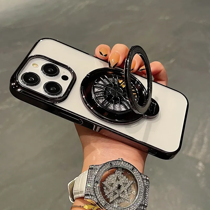 Luxus-Plattierungsrahmen, staubdichter Stecker, Gyro-Halterung, Telefonhülle für iPhone 16 15 14 13 Pro Max Plus, klare, stoßfeste Anti-Drop-Hülle_voghion.com
