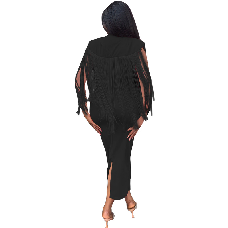 Women's fringe shawl temperament one-step slim-fit pencil dress_voghion.com