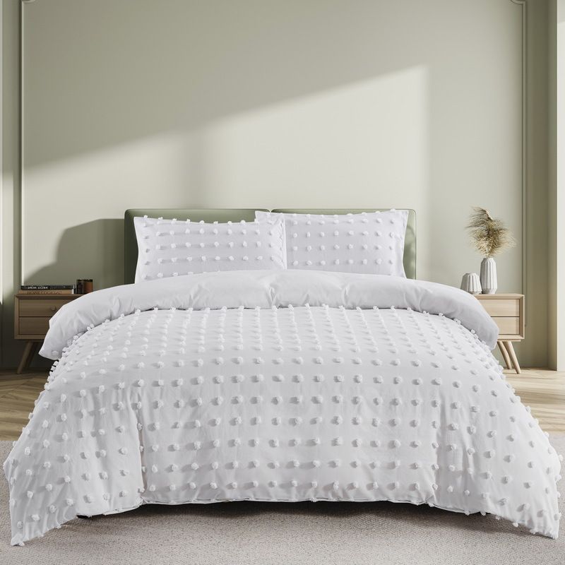 Weiches Flanell-Bettbezug-Set mit Punktmuster und weißen Pompons – Bettwäsche im skandinavischen Stil für Queen- und Kingsize-Betten_voghion.com