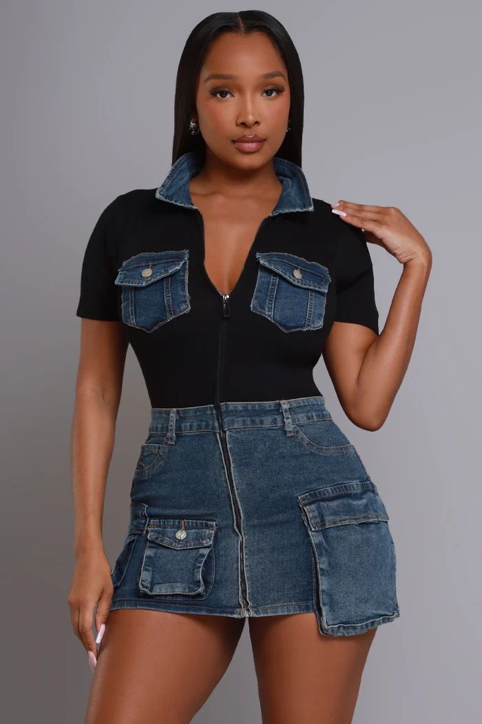 Abito in denim aderente sexy con tasca e cerniera a maniche corte, da donna_voghion.com