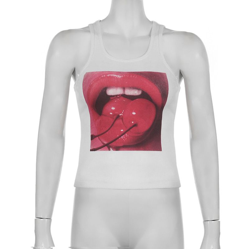 Gilet senza maniche con scollo rotondo regolare, elastico in maglia, con stampa astratta di grandi labbra e ciliegie, a contrasto di colore, da donna_voghion.com