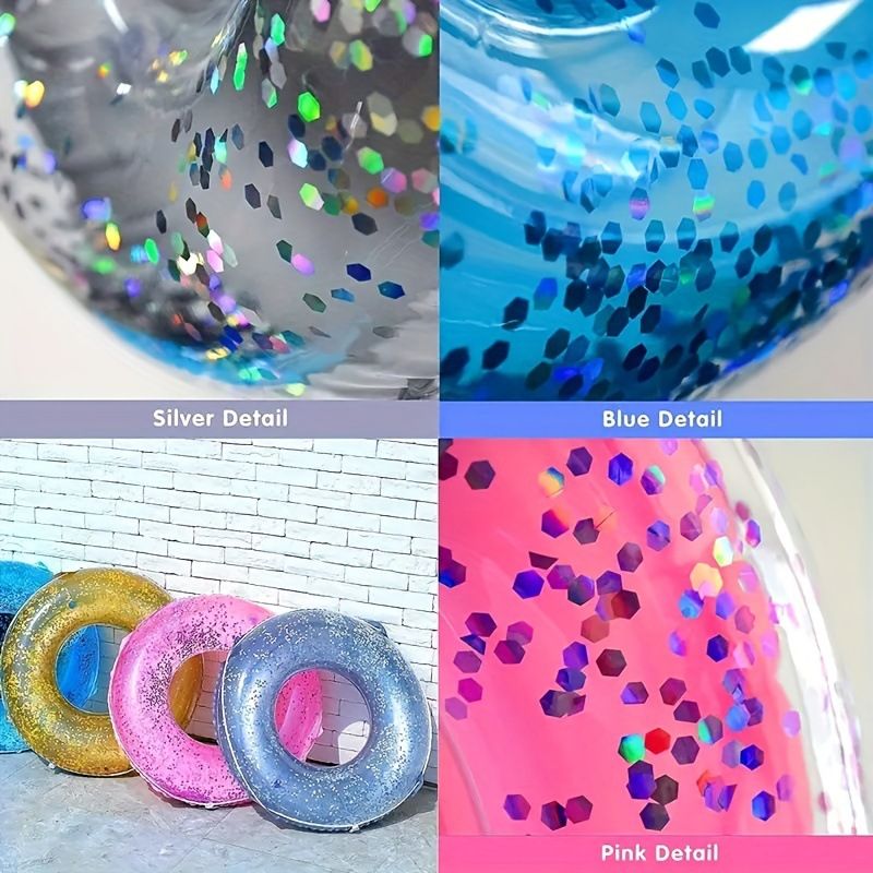 Glittrig transparent badring förtjockad PVC uppblåsbar poolmadrass för vuxna och barn, mousserande vatten, flytande ring med skimrande effekt_voghion.com