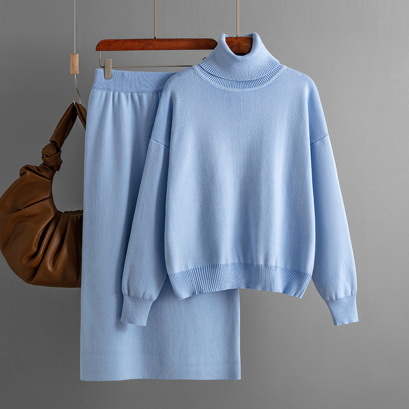 Women's clothing Solid color turtleneck sweater half-body hip-hugging skirt two-piece set knitted suit for women_voghion.com