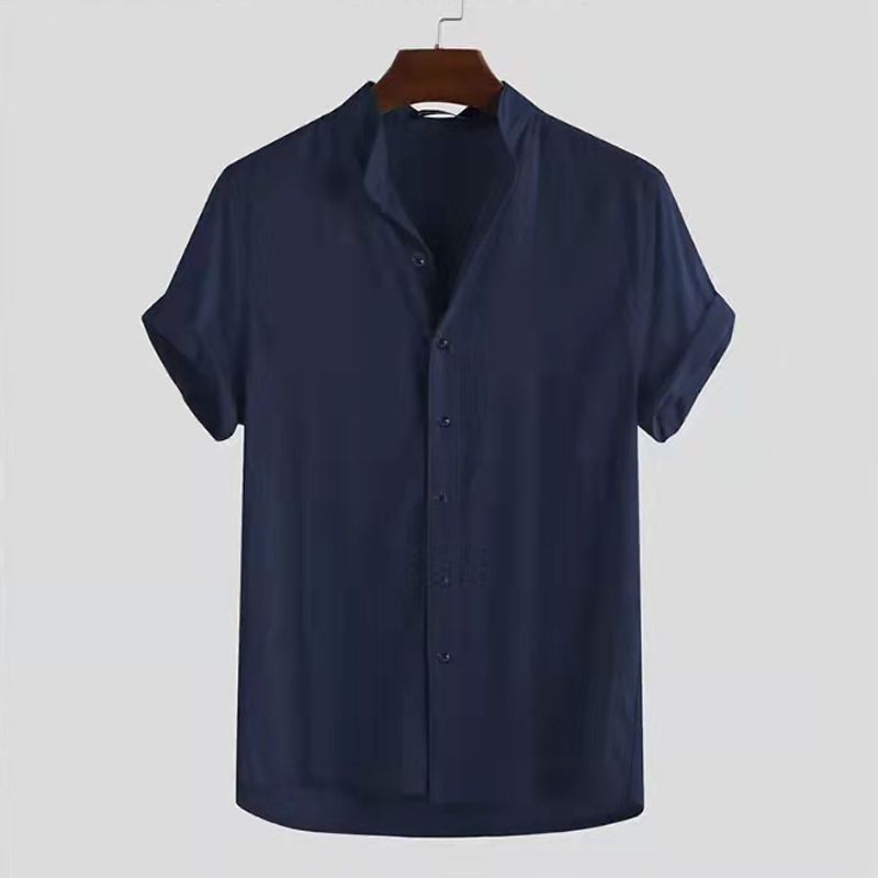 Unbeatable Quality Men's 2025 New Fashion Casual Solid Color Short Sleeved Stand Up Collar Cardigan Shirt_voghion.com