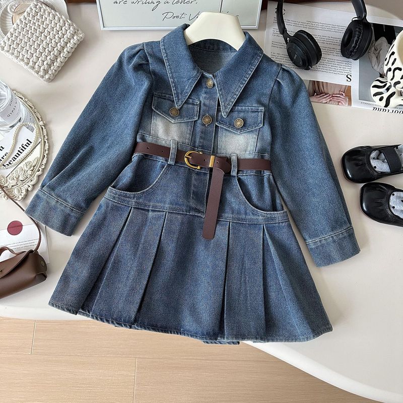 Kid's Clothing New Style Little Girl Fashion Denim Dress Long Sleeve Spring And Autumn Lapel Waist Denim Skirt Trend_voghion.com