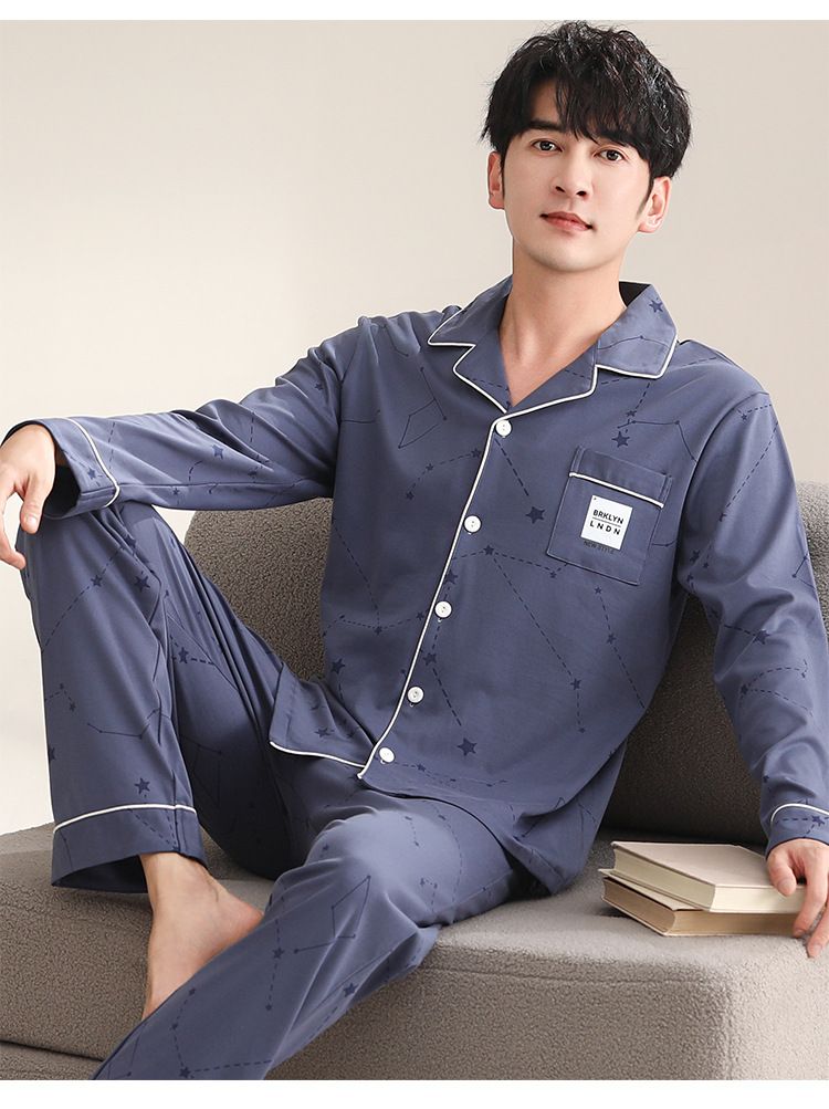 pajamas Spring and Autumn pure cotton long sleeved cardigan Men's 2024 new autumn plus size home clothes can be worn_voghion.com