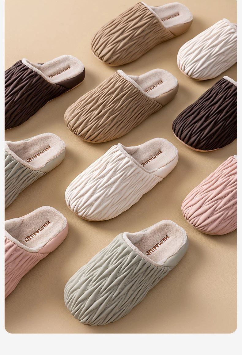Wrinkled Cotton Slippers For Women, Autumn And Winter, Indoor Home, Anti Slip, Waterproof, Warm, Home With Velvet Leather Slippers For Men_voghion.com