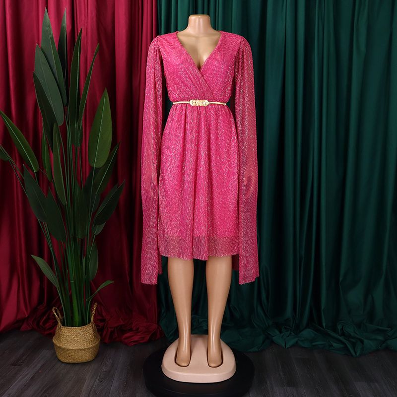 Damenbekleidung Neue V-Ausschnitt Temperament Langarm Cape Taille Kleid Rock_voghion.com