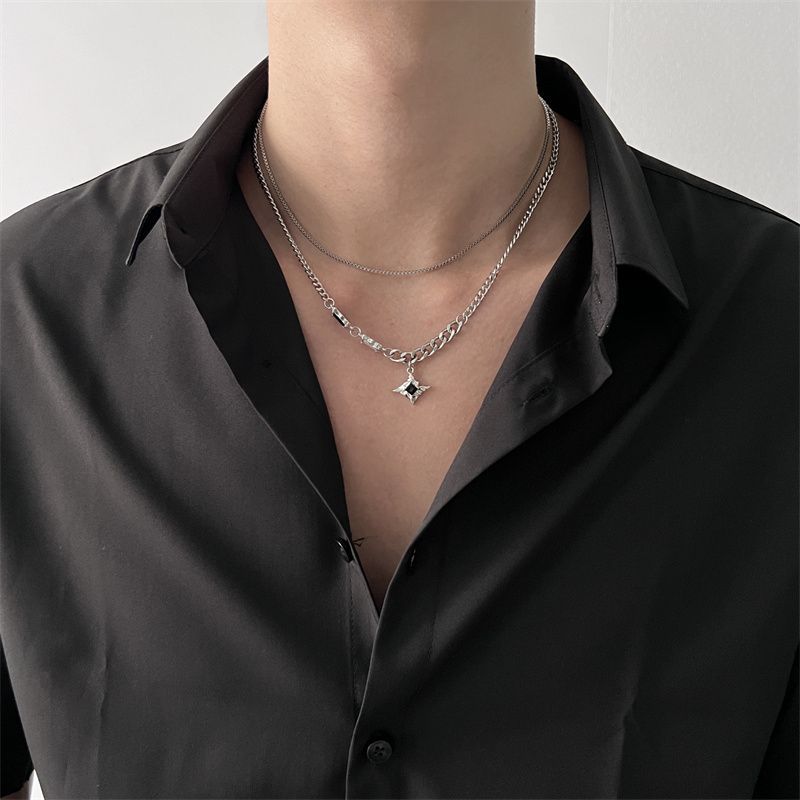 Black Zircon Double Layer Mang Star Necklace For Men's Ins Trendy And Handsome Hip Hop Niche Design High Grade New Versatile Jewelry_voghion.com