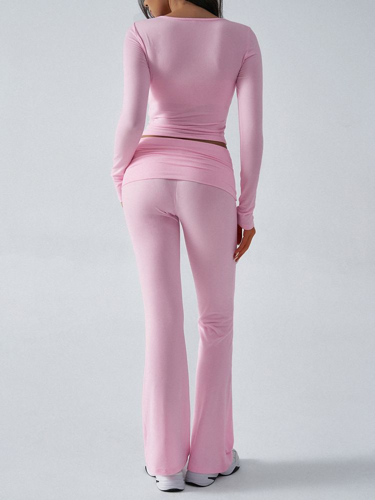 KaiKuo 2024 Automne Hiver Femmes Y2K Décontracté Sport Style Couleur Unie Haut Pantalon Évasé Ensemble 2 Pièces_voghion.com