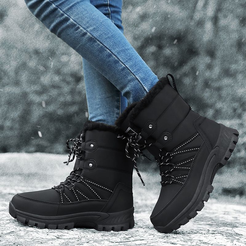 Winter-Schneestiefel Damen High Top Schnürstiefel Plüsch Warm Weich Einfarbig Freizeitschuhe Damen Anti-Rutsch Wanderschuhe Damen_voghion.com