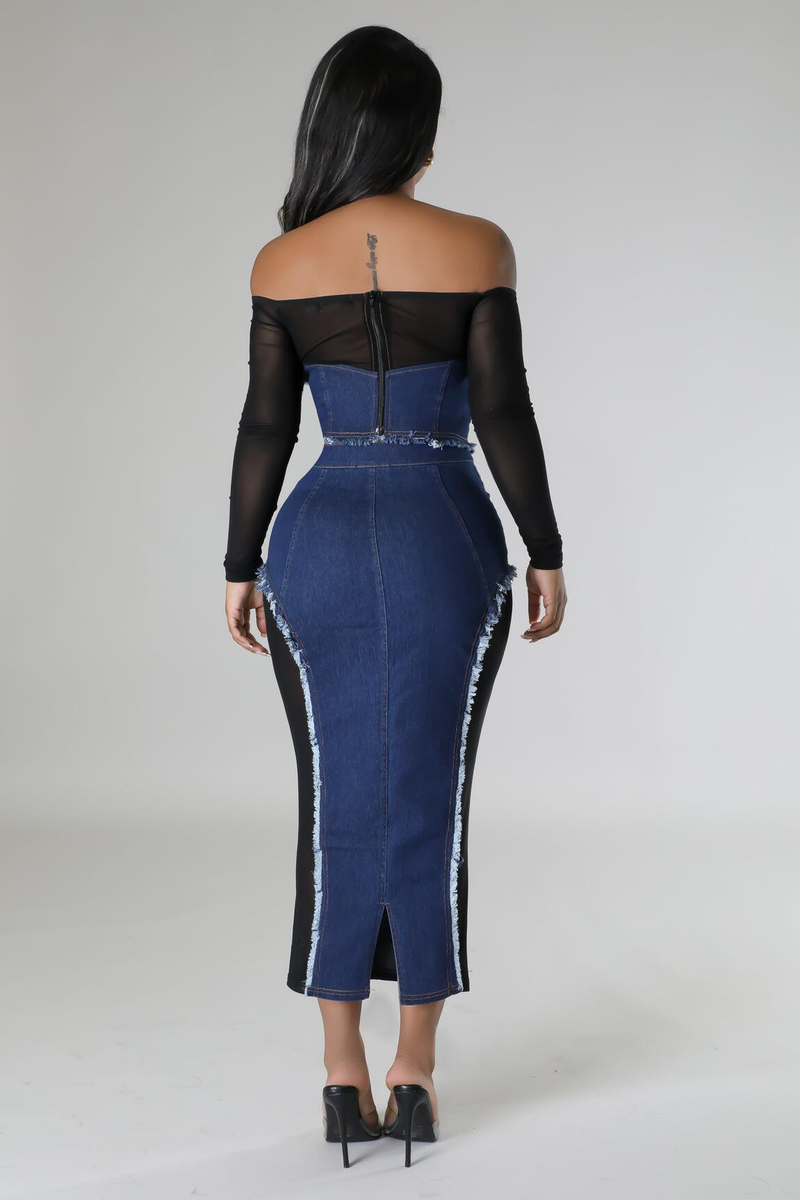 Conjunto de dos piezas de falda de pecho transparente con costura vaquera de gasa a la moda para mujer_voghion.com