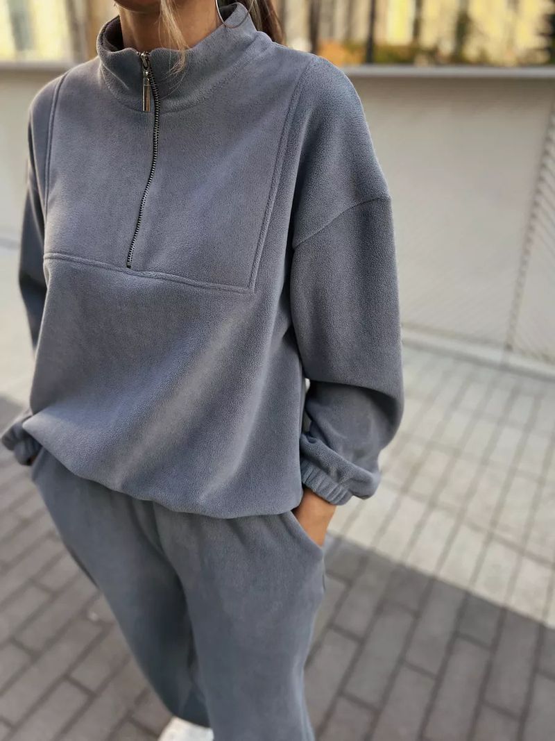 Lässiges Set aus Fleece-Kapuzenpullover und Jogginghose für Damen – locker sitzendes Sweatshirt mit Stehkragen und Hose mit elastischem Bund (Beige, Dunkelgrau, Khaki)_voghion.com