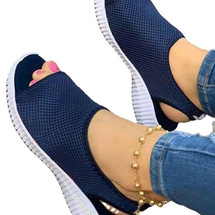 2025 Summer New Thick Sole Mesh Knitted Fish Mouth Sandals, Large Size One Step Women's Shoes_voghion.com