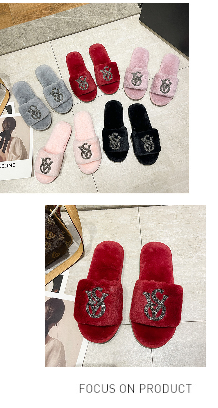Foreign Trade New Rhinestone Fleece Slippers Women S Indoor Home Bright Diamond Warm Fashion Open Cotton Cross Border_voghion.com