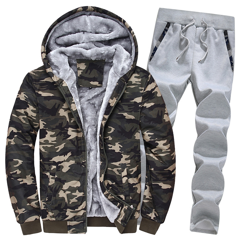 Fleece Men's Tracksuit Hoodie Suit Slim And Thick Warm Camouflage Suit_voghion.com