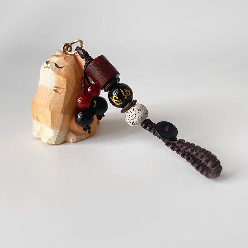 Hand Carved Wood Carved Orange Cat Shiba Inu Mi Ping An Six Character Mantra Woven Keychain Chain Ring Car Schoolbag Pendant Ornament_voghion.com