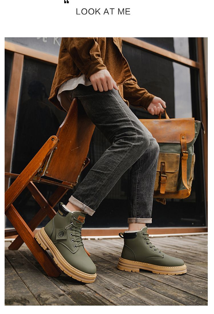Men's Classic British Style Fleece-Lined Martin Boots - Comfortable Round Toe Casual Shoes For Winter (Khaki, Black, Gray, Green)_voghion.com