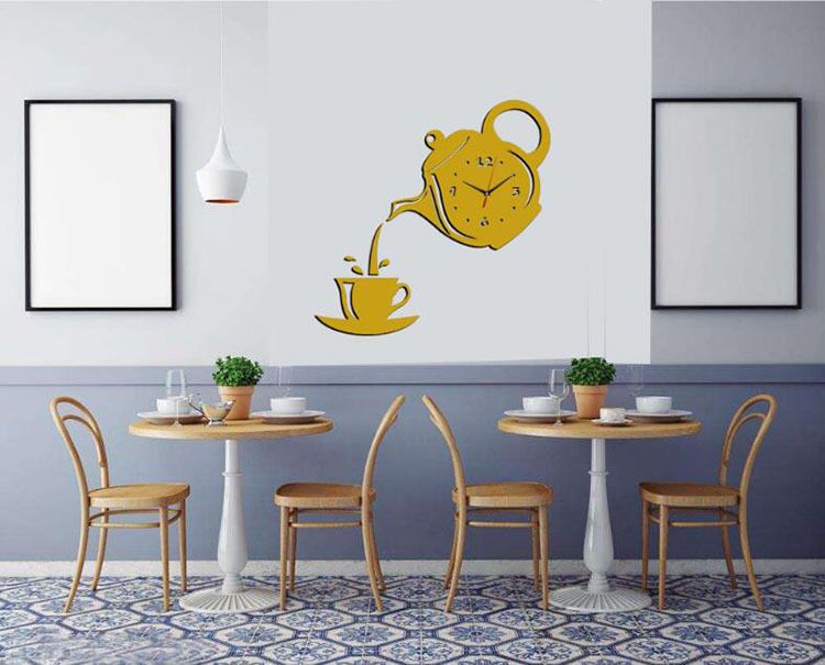 Wall hanging clock, acrylic three-dimensional wall sticker decoration painting, tea pot creative mirror clock_voghion.com