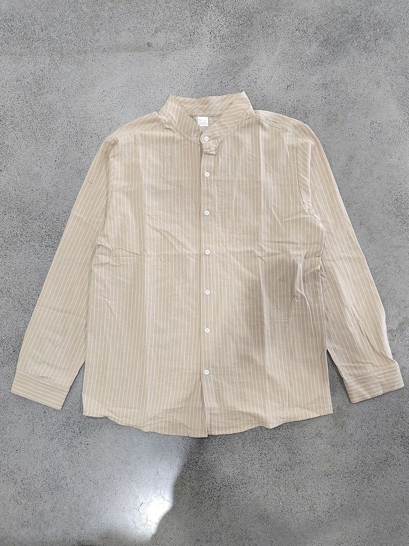 Camicia da uomo in lino a righe con colletto alto, a maniche lunghe, casual, slim, autunno_voghion.com