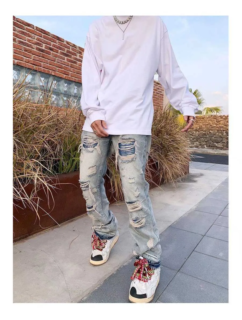 Men's 2022 High Street Hole Ripped Vintage Men Hip Hop Baggy Jeans Trousers Punk Distressed Retro Washed Straight Denim_voghion.com
