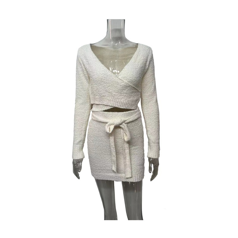 Ensemble de mode pour femmes tricots couleur unie chemisier pull jupe deux pièces ensemble_voghion.com