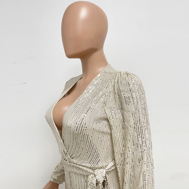 Damkläder Ins Style Deep V Mode Casual Jumpsuit Långärmat Bälte Paljett Jumpsuit Dam_voghion.com