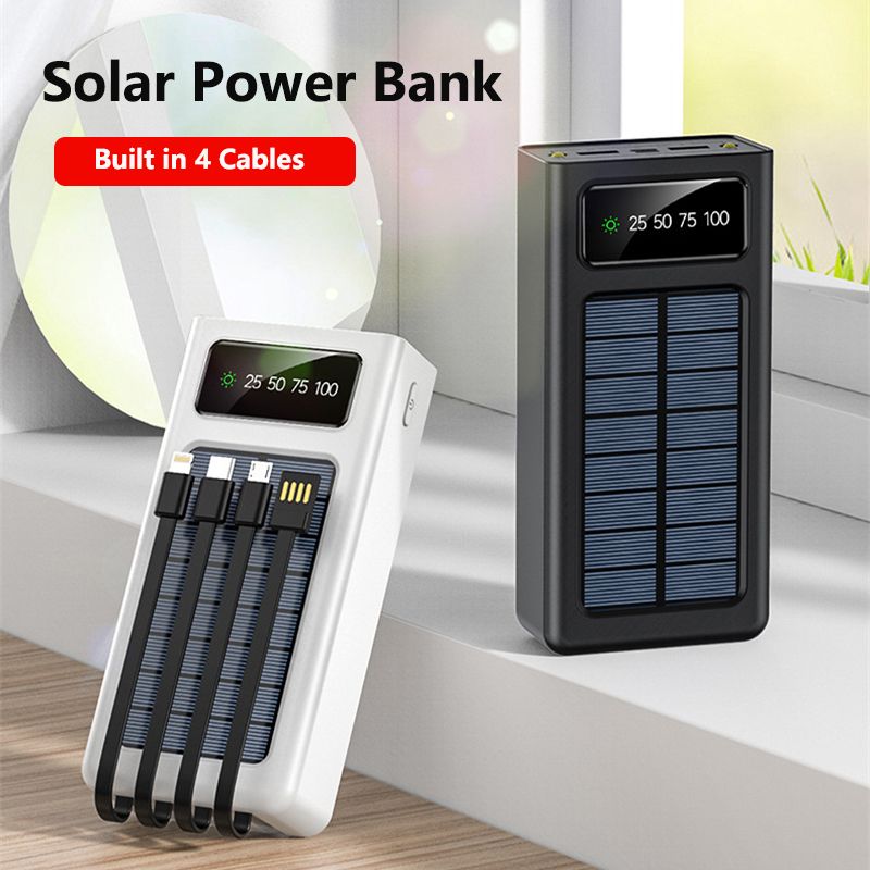 Batterie externe solaire 30 000 mAh, grande capacité, 4 câbles intégrés, charge rapide, éclairage LED, pour Xiaomi, iPhone, Samsung_voghion.com