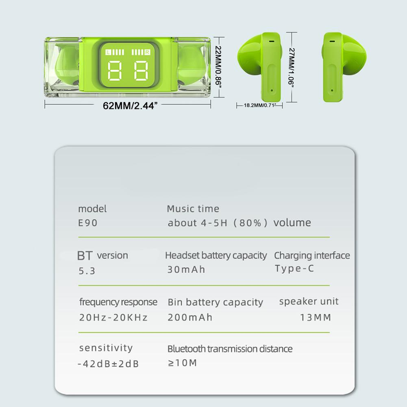 SP28 TWS E90 Mini ausīs ievietojamas austiņas Pilnībā caurspīdīgas bezvadu Bluetooth austiņas Mūzikas austiņas 5.3 digitālais retro displejs D3F6_voghion.com