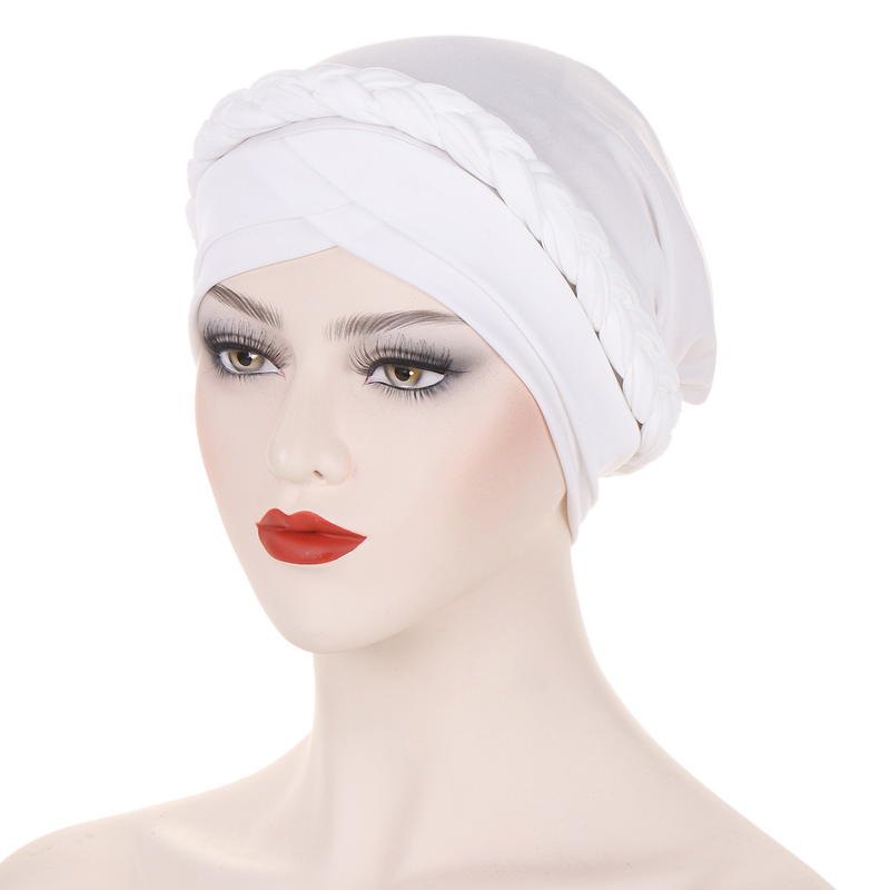 women's forehead double cross solid color satin lined braided turban hat Muslim pullover hat in stock_voghion.com