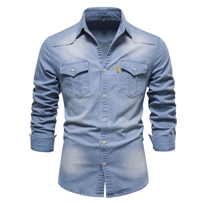 Trendy, neue US-Größe, Denim, lässig, einfarbig, bügelfreies Langarmhemd für Herren_voghion.com