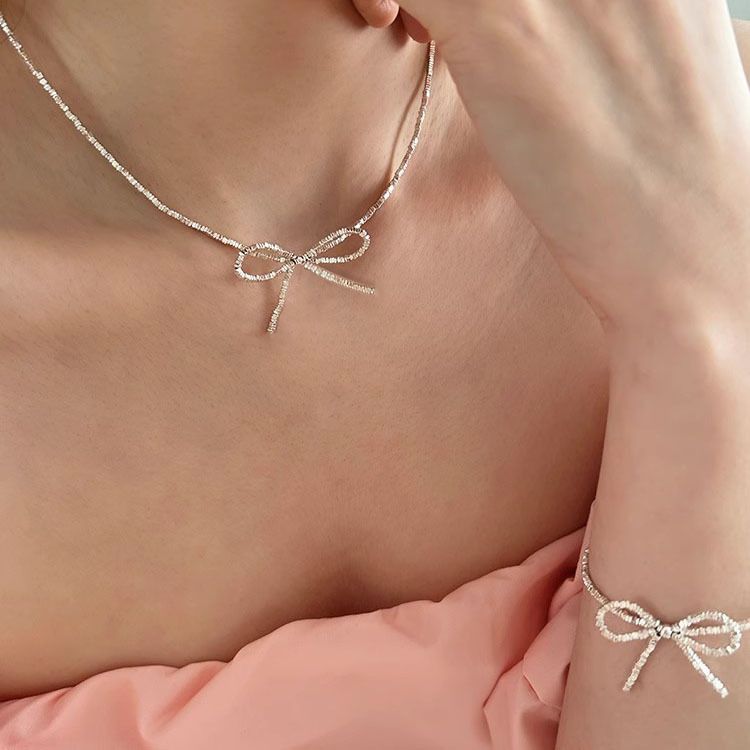 Collana con fiocco spezzato in argento puro per donna, Instagram, design unico, dolce e semplice, girocollo corto_voghion.com
