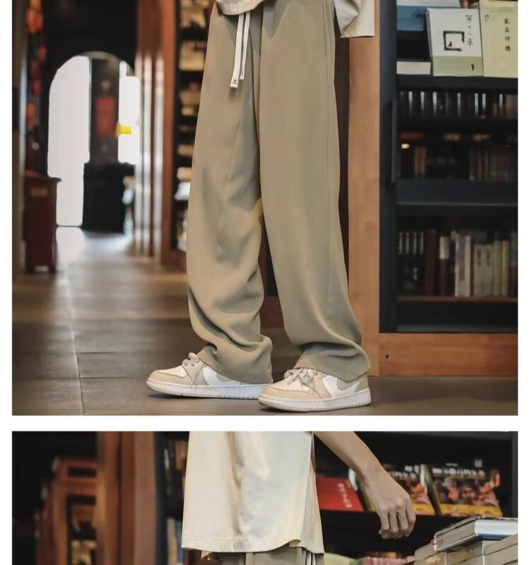 2024 New Khaki Ice Silk Spring And Autumn Suit Loose Straight Leg Casual Pants, Men's Style_voghion.com