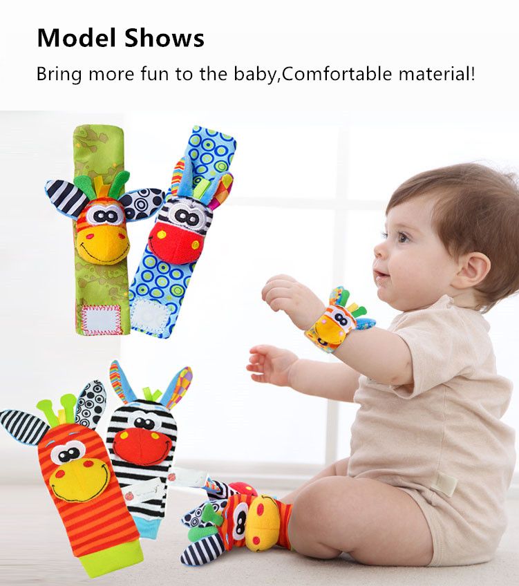 0-12 måneder Baby Rangler Legetøj Dyrestrømper Håndledsrem +Rattle Babyfodsokker Bug Håndledsstrop Småbørnssokker Suttelegetøj_voghion.com