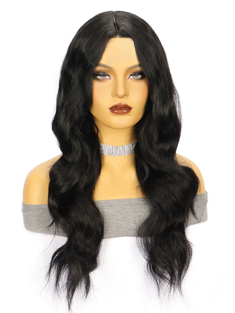 Parrucca sintetica frontale in pizzo annodata a mano per donna - Parrucca lunga e riccia con riga centrale (fibra resistente al calore, cuffia traspirante, attaccatura naturale dei capelli, pronta da indossare)_voghion.com