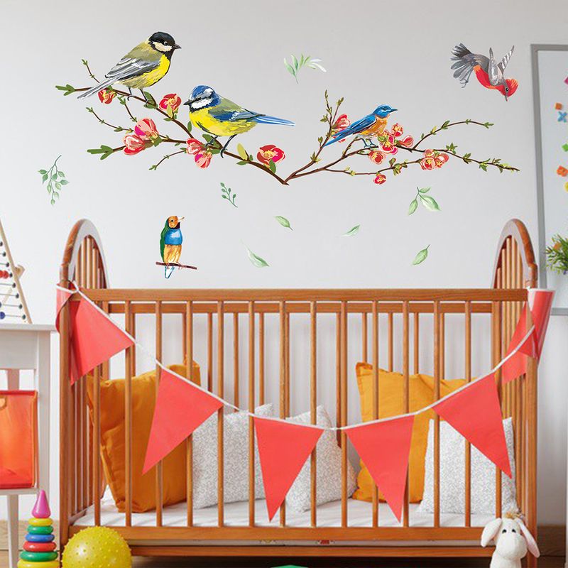 Bird branches, flowers, PVC frosted N1363, living room background decoration, self-adhesive wall stickers_voghion.com