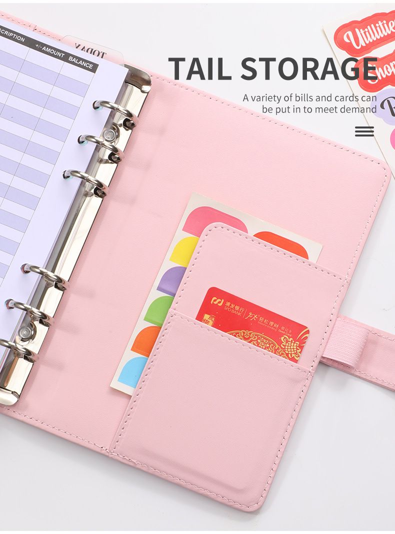 Pasta A6 de couro sintético premium com bolso com zíper - Caderno recarregável na cor Macaron para orçamento, registro em diário e anotações_voghion.com