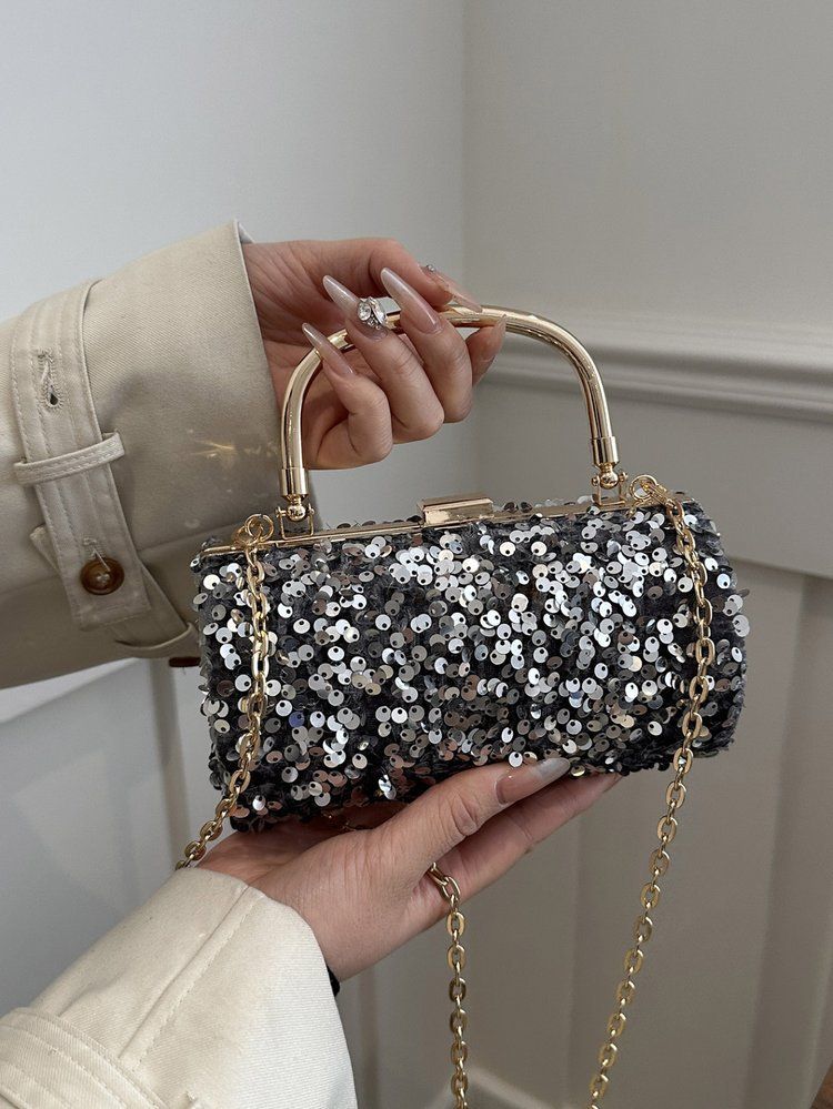 Borsa da pranzo da donna con paillettes e texture, stile quotidiano, borsa a tracolla con catena versatile_voghion.com